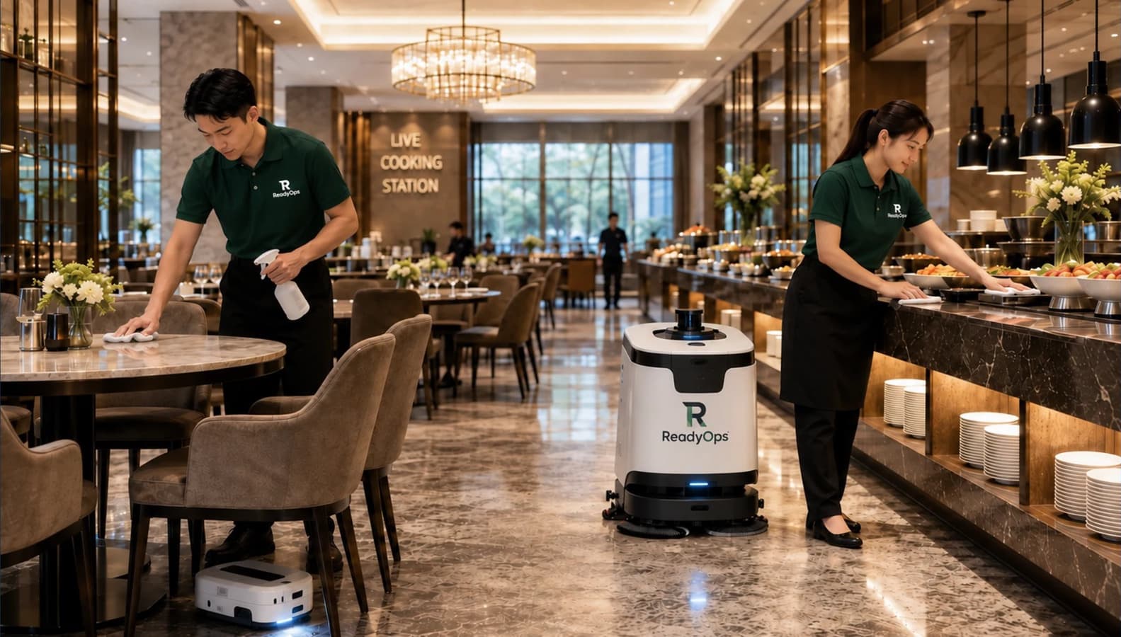 ReadyOps staff wiping down a table and a buffet counter in a hotel restaurant while two cleaning robots clean the floor
